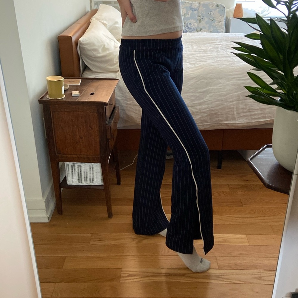 St Roche Pinstripe Pants with White Trim & Slits (navy blue) - Size XS